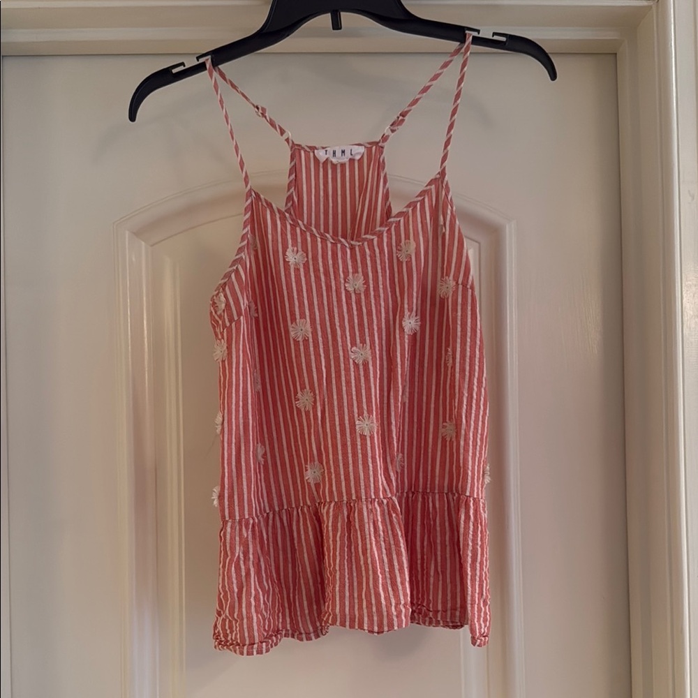 Pink/Coral and White Striped Tank with Flowers